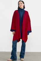 Büyük Beden Uzun Triko Panço - Kırmızı - Lacivert (5) Sementa