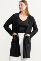 Cep Detaylı Uzun Penye Hırka - Siyah (5) Sementa