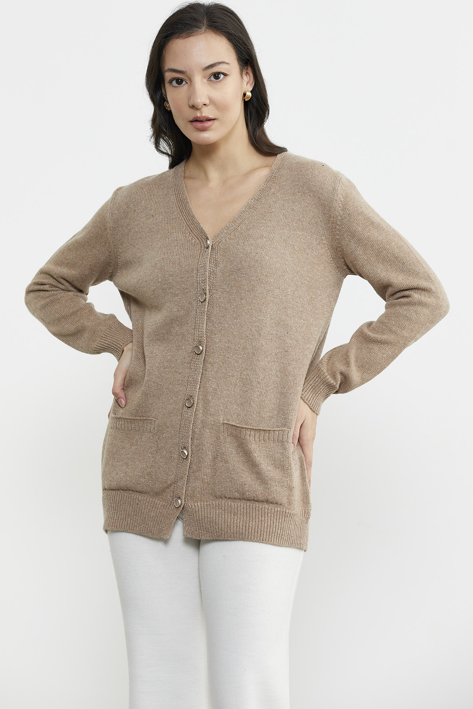 Cepli Basic Yünlü Triko Hırka - Koyu Bej (4) Sementa