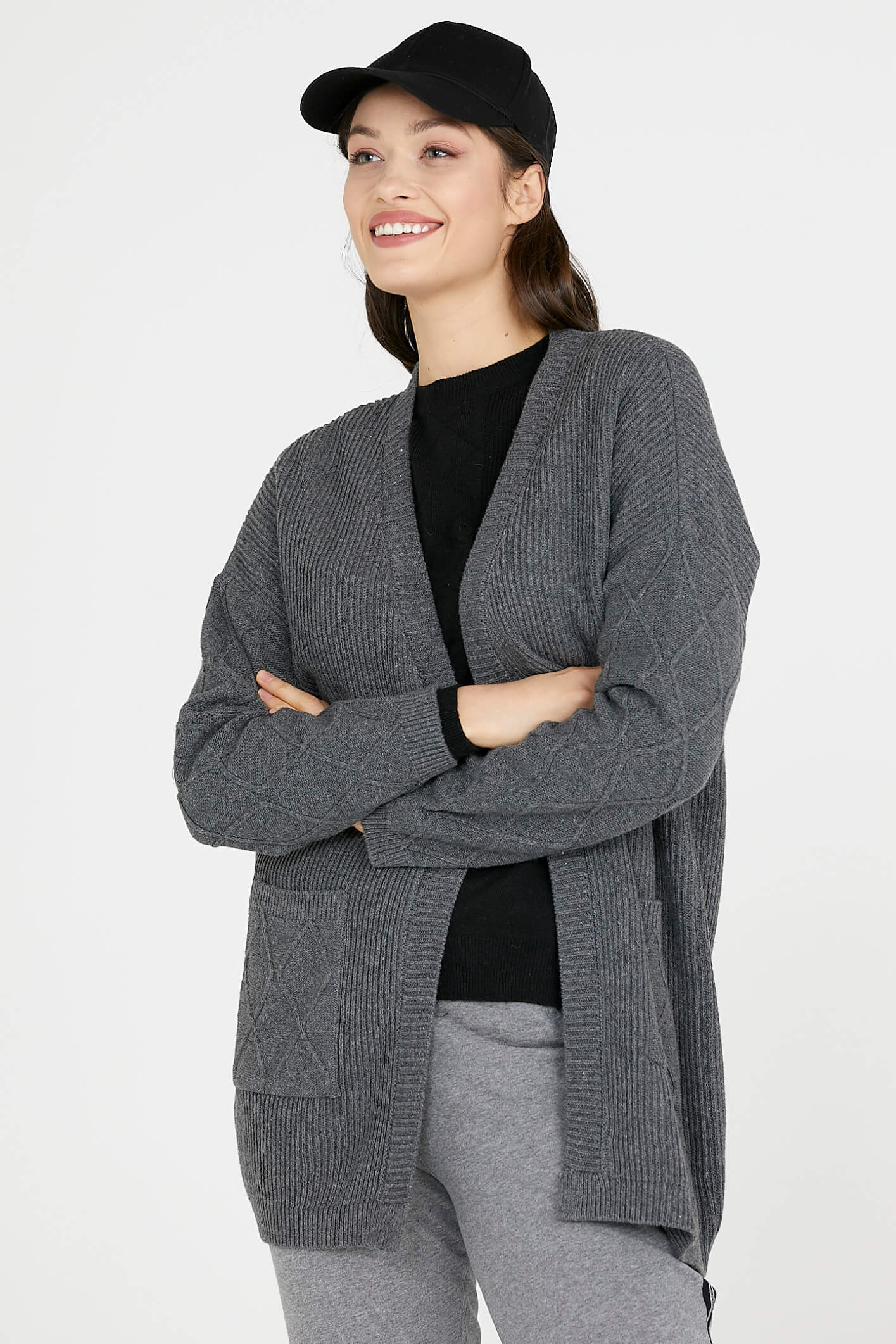 Pockets Long Knitwear Cardigan Dark Gray Dark grey S M
