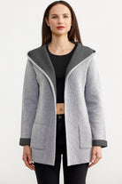 Cepli ve Kapüşonlu Yünlü Triko Ceket - Açık Gri - Koyu Gri (1) Sementa