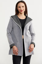 Cepli ve Kapüşonlu Yünlü Triko Ceket - Açık Gri - Koyu Gri (3) Sementa