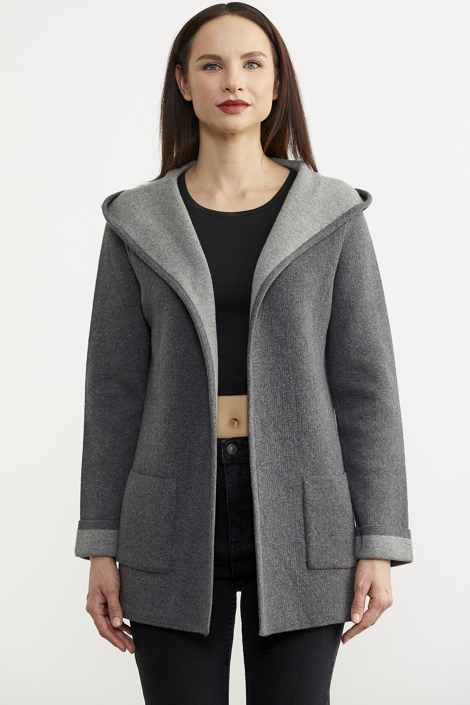 Cepli ve Kapüşonlu Yünlü Triko Ceket - Koyu Gri - Gri (1) Sementa