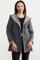 Cepli ve Kapüşonlu Yünlü Triko Ceket - Koyu Gri - Gri (2) Sementa