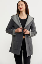 Cepli ve Kapüşonlu Yünlü Triko Ceket - Koyu Gri - Gri (3) Sementa