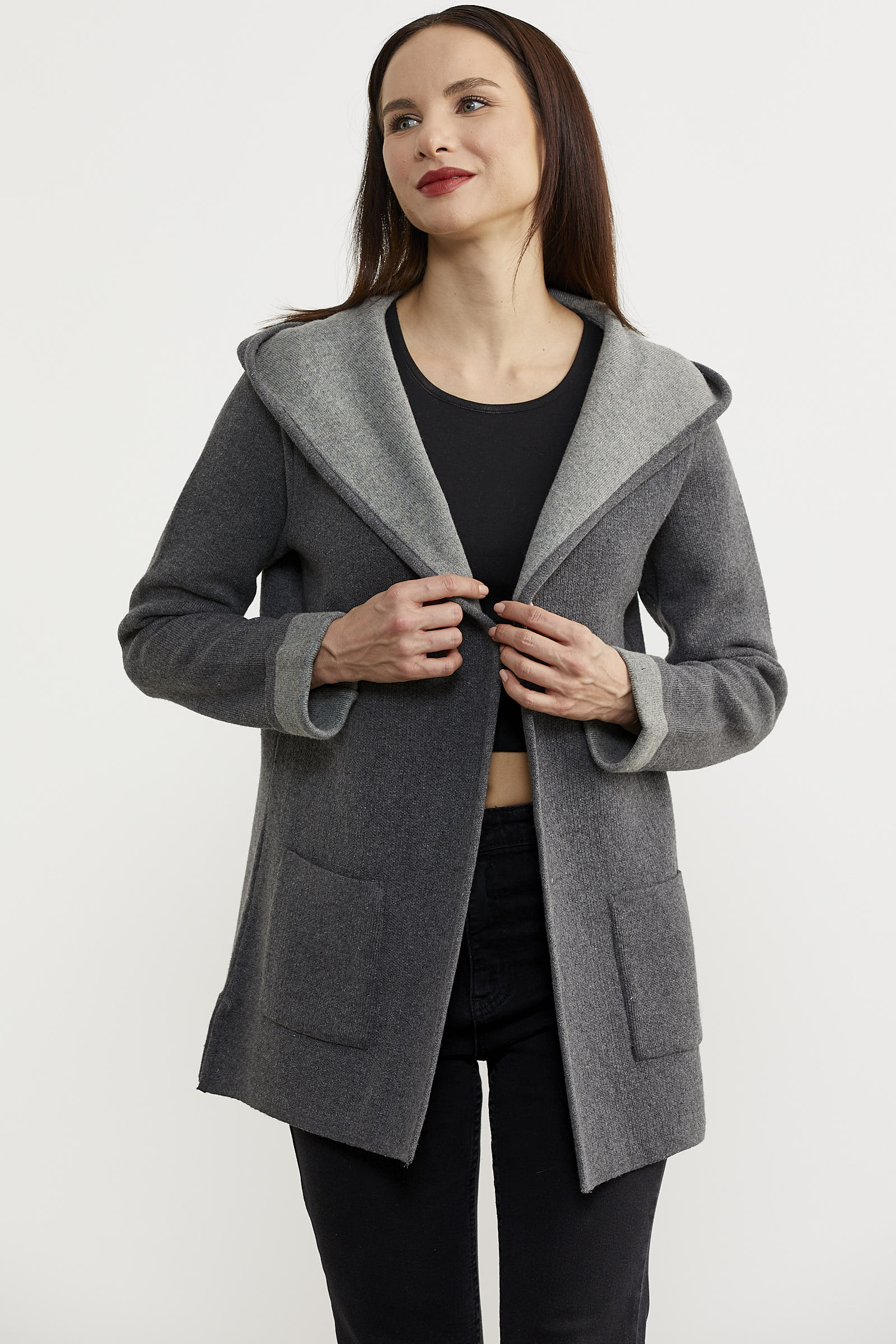 Cepli ve Kapüşonlu Yünlü Triko Ceket - Koyu Gri - Gri (3) Sementa