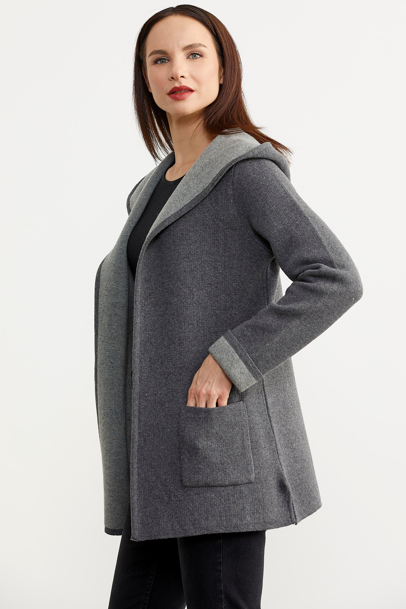 Cepli ve Kapüşonlu Yünlü Triko Ceket - Koyu Gri - Gri (4) Sementa