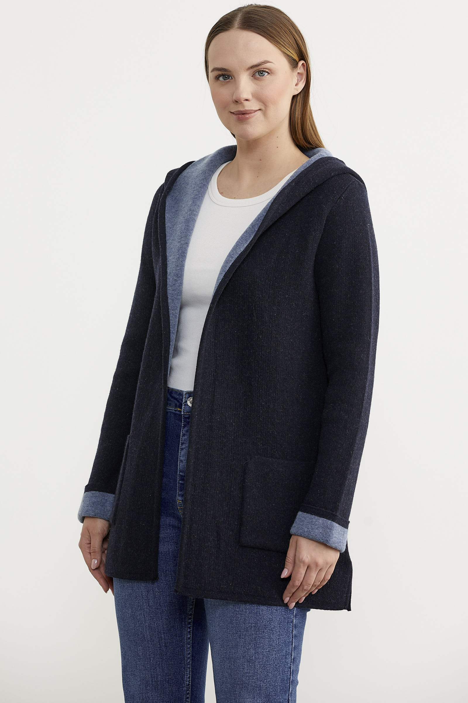 Cepli ve Kapüşonlu Yünlü Triko Ceket - Lacivert - Mavi (2) Sementa