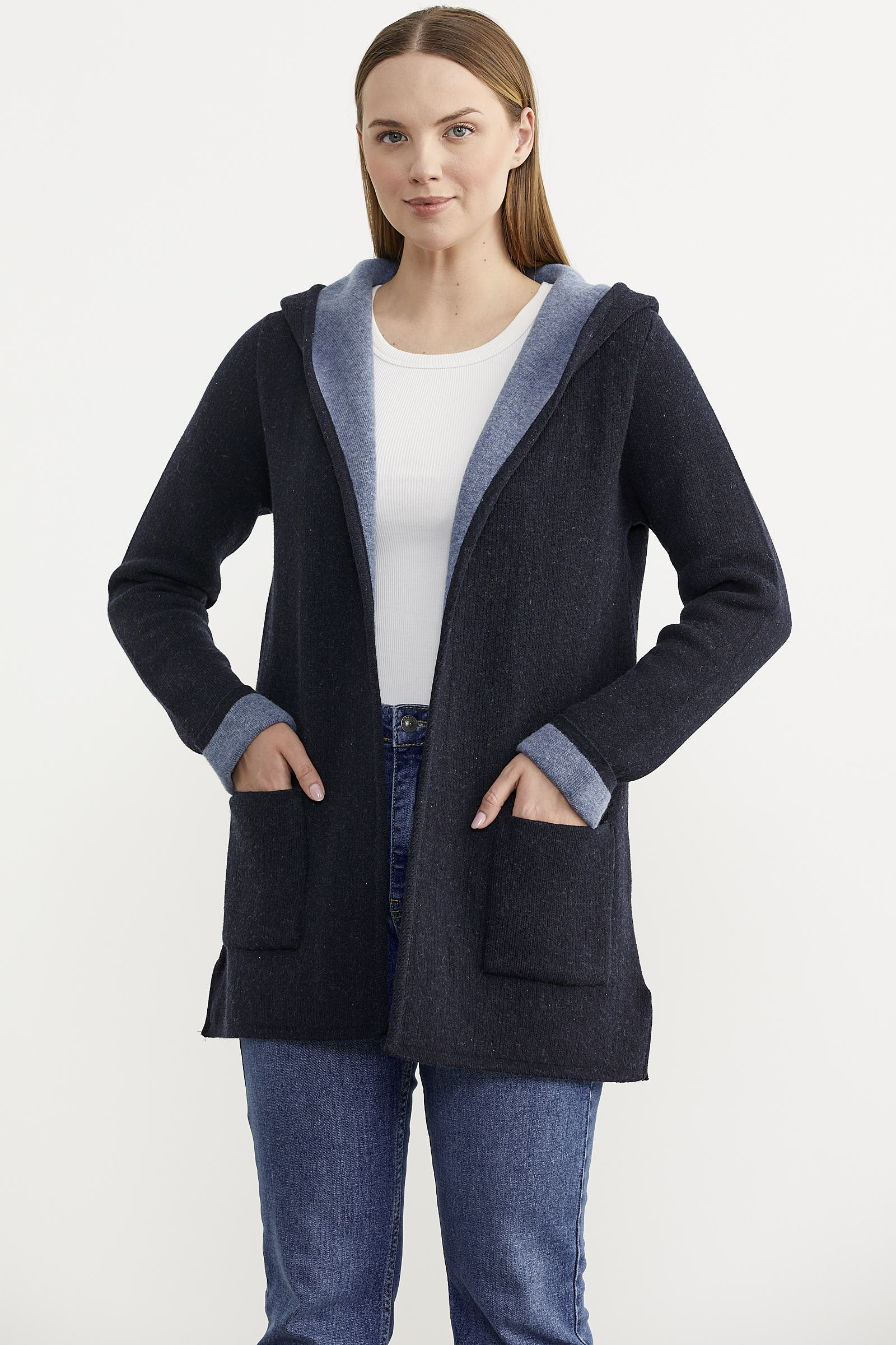 Cepli ve Kapüşonlu Yünlü Triko Ceket - Lacivert - Mavi (4) Sementa