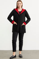 Cepli ve Kapüşonlu Yünlü Triko Ceket - Siyah - Kırmızı (1) Sementa