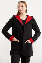 Cepli ve Kapüşonlu Yünlü Triko Ceket - Siyah - Kırmızı (2) Sementa