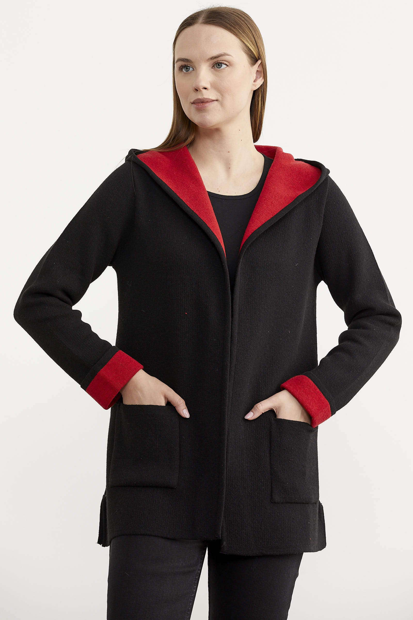Cepli ve Kapüşonlu Yünlü Triko Ceket - Siyah - Kırmızı (2) Sementa