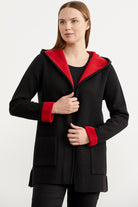 Cepli ve Kapüşonlu Yünlü Triko Ceket - Siyah - Kırmızı (3) Sementa