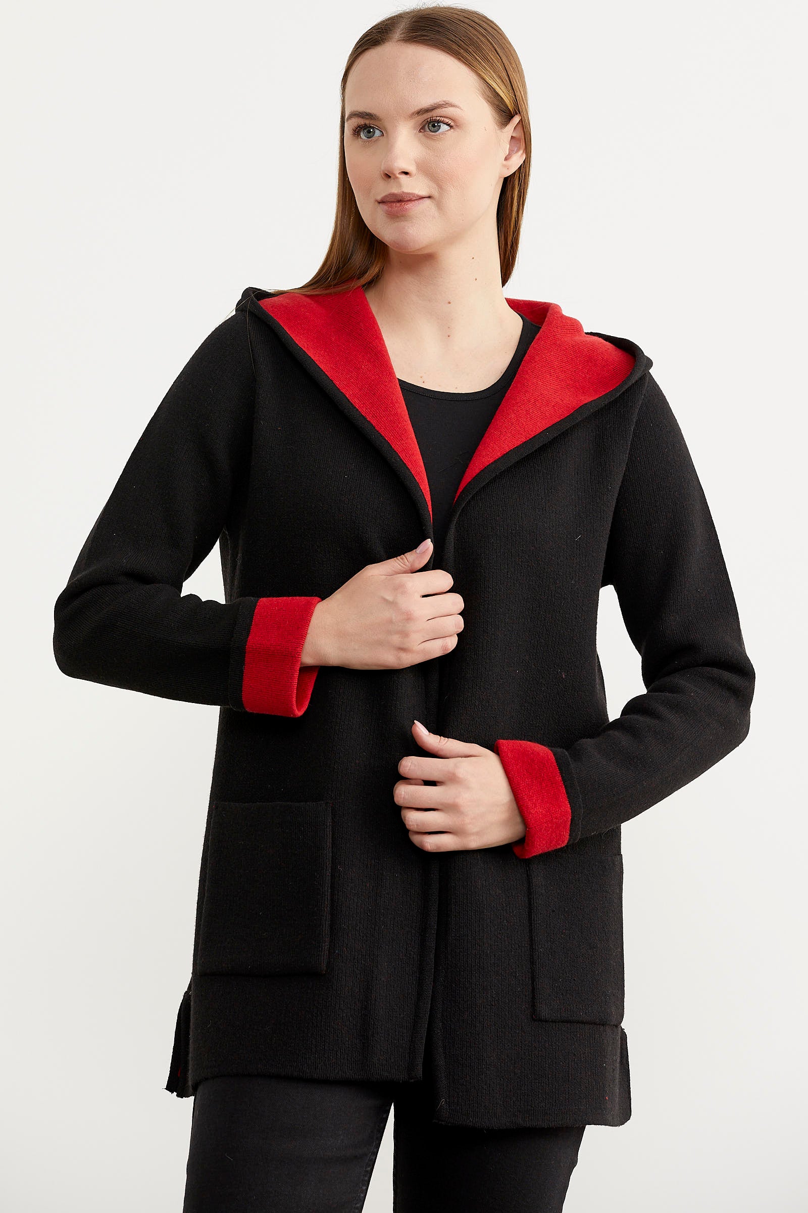 Cepli ve Kapüşonlu Yünlü Triko Ceket - Siyah - Kırmızı (3) Sementa