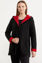 Cepli ve Kapüşonlu Yünlü Triko Ceket - Siyah - Kırmızı (4) Sementa