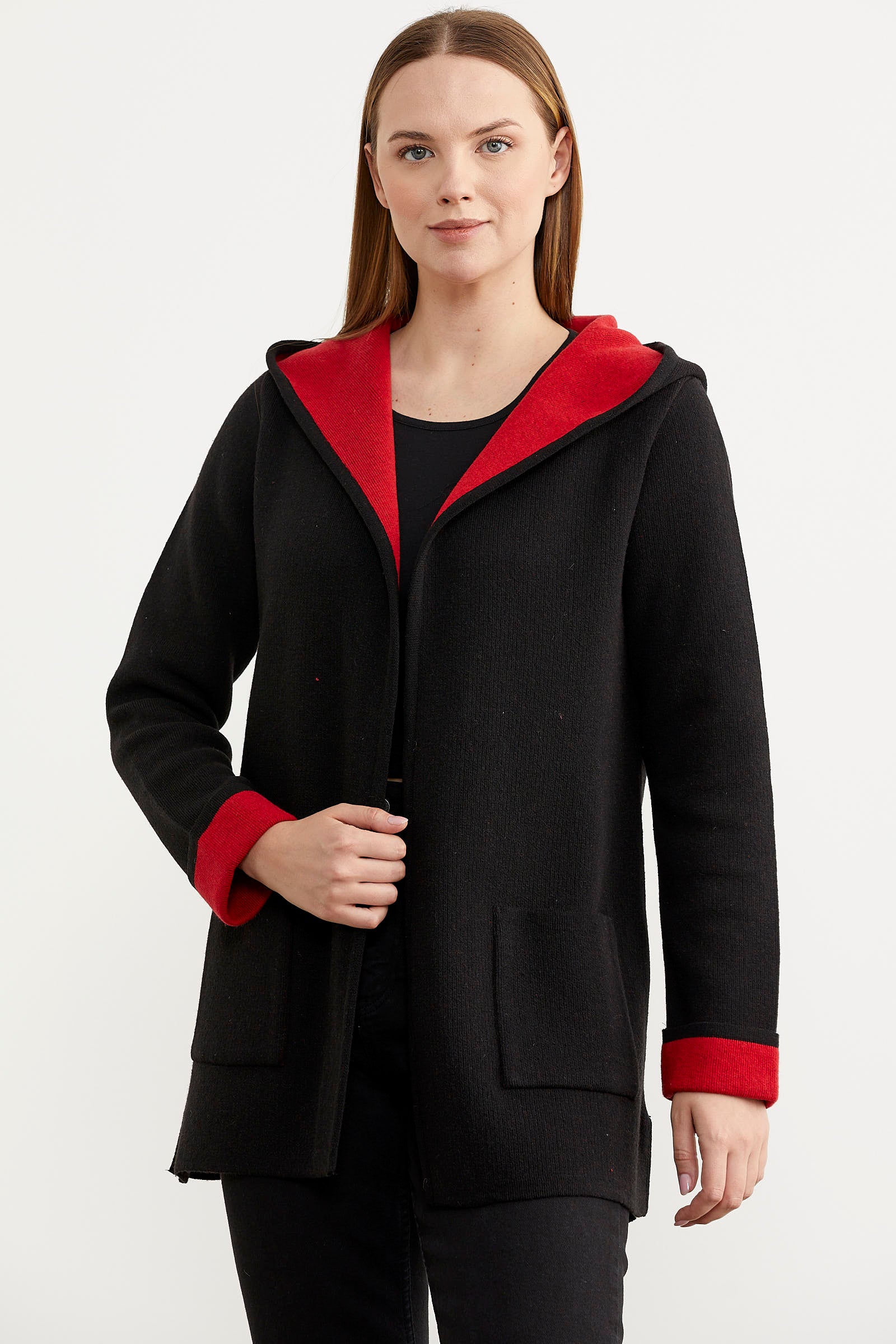 Cepli ve Kapüşonlu Yünlü Triko Ceket - Siyah - Kırmızı (4) Sementa