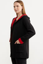 Cepli ve Kapüşonlu Yünlü Triko Ceket - Siyah - Kırmızı (5) Sementa