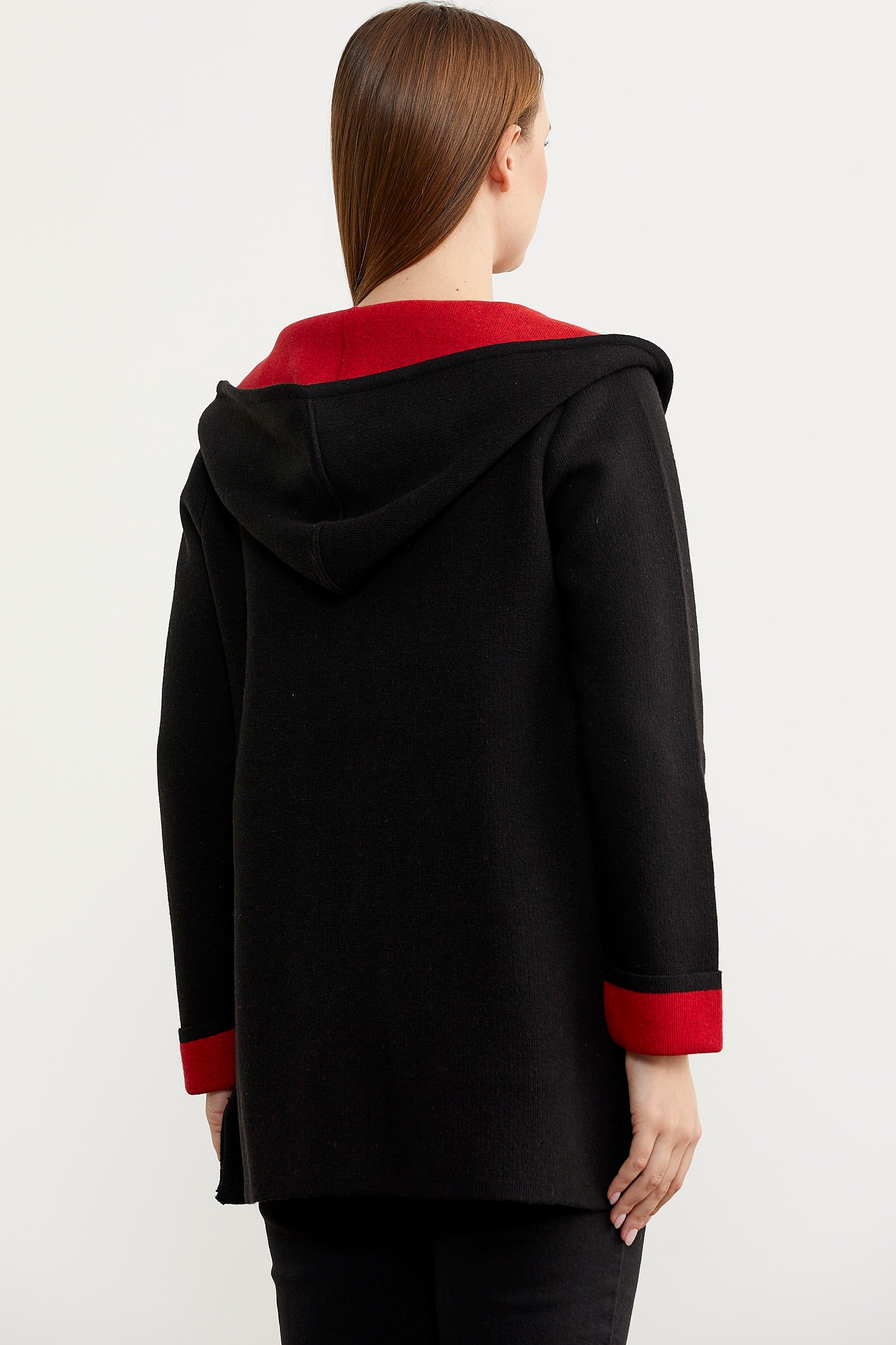Cepli ve Kapüşonlu Yünlü Triko Ceket - Siyah - Kırmızı (6) Sementa
