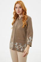 Çiçek Desen Detaylı Yünlü Triko Hırka - Sütlü Kahve (3) Sementa