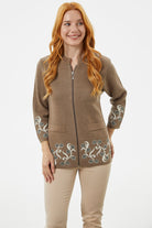 Çiçek Desen Detaylı Yünlü Triko Hırka - Sütlü Kahve (4) Sementa