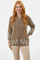 Çiçek Desen Detaylı Yünlü Triko Hırka - Sütlü Kahve (1) Sementa