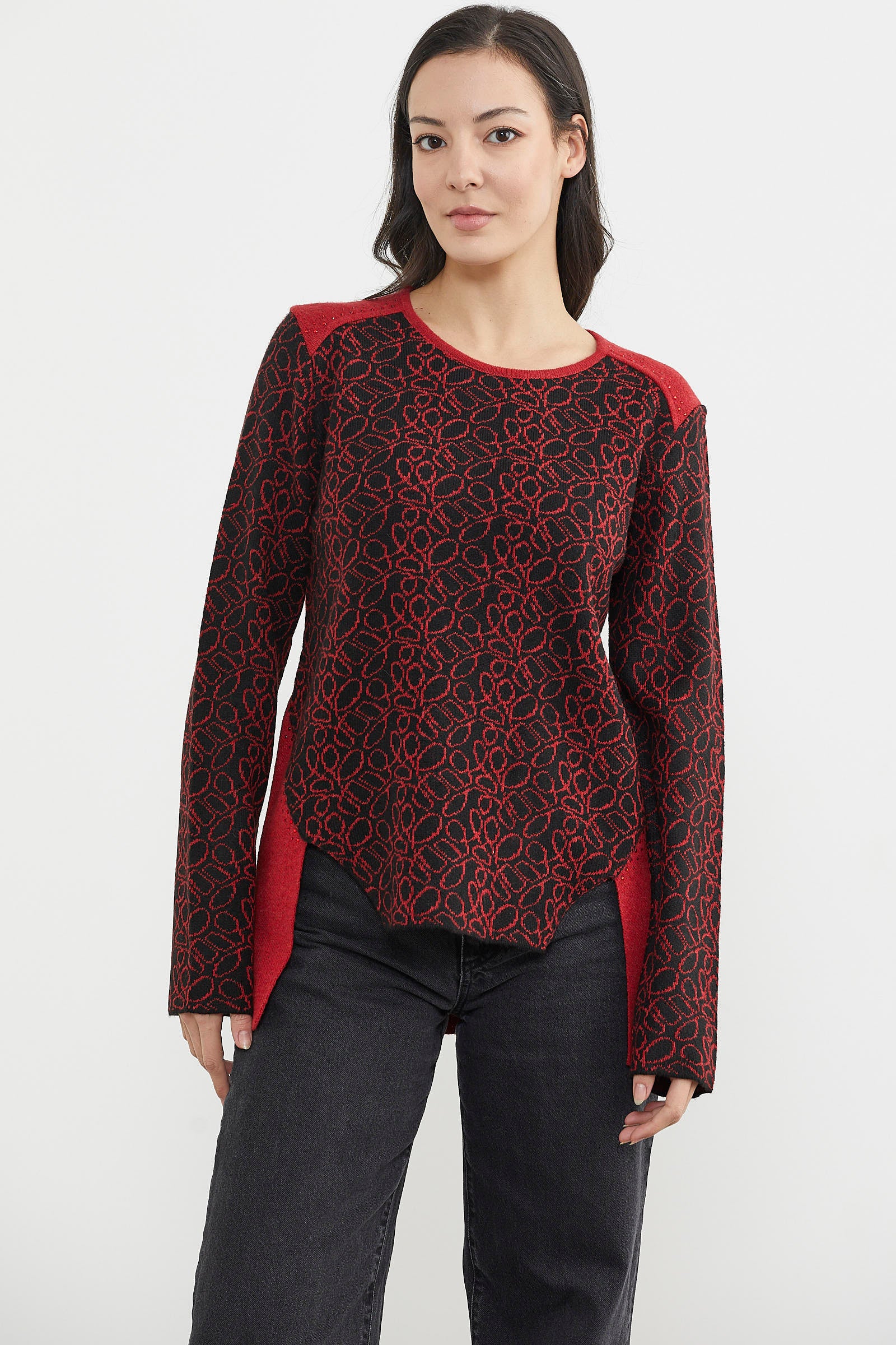 Çiçek Desenli Arkası Uzun Triko Kazak - Kırmızı (1) Sementa