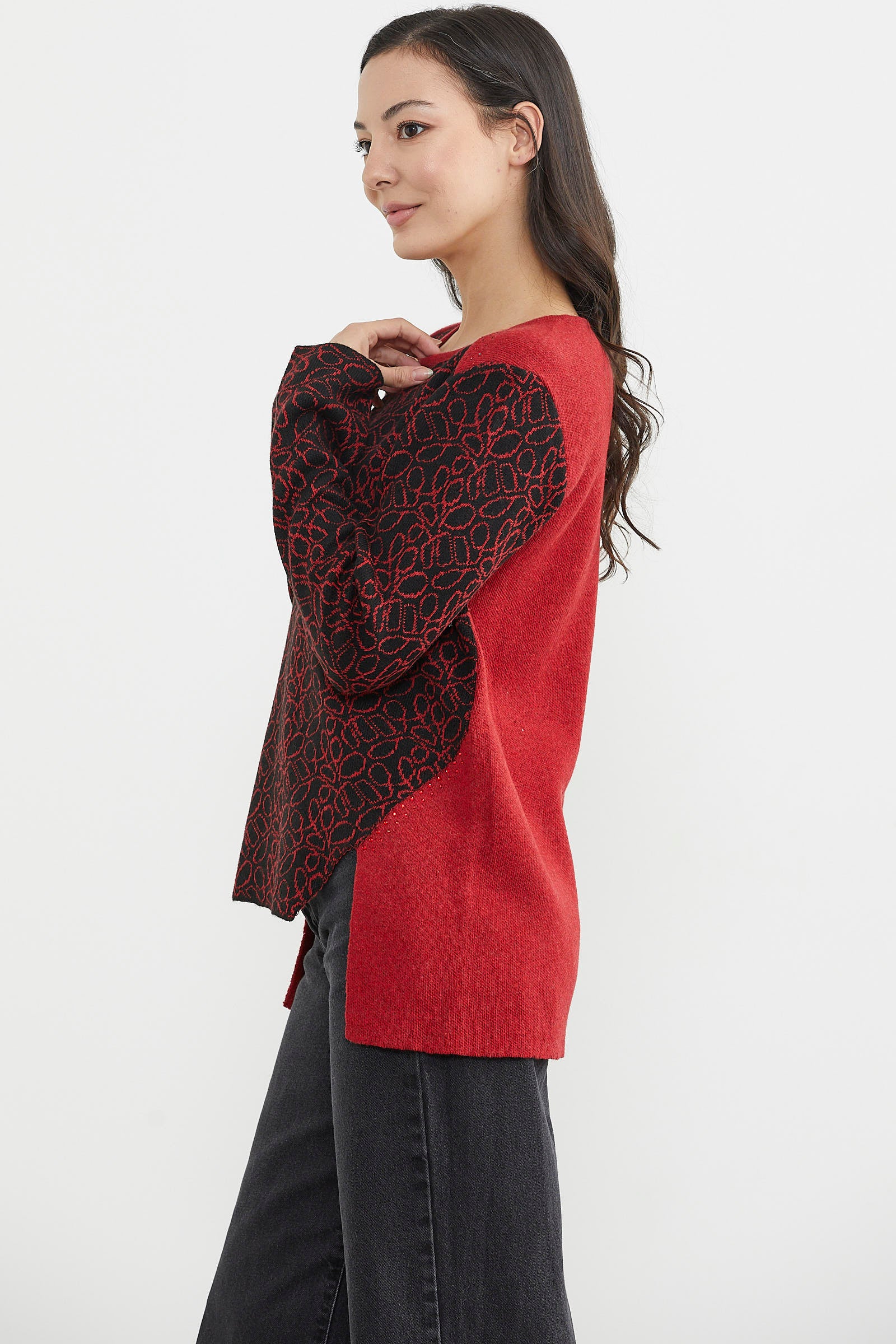 Çiçek Desenli Arkası Uzun Triko Kazak - Kırmızı (6) Sementa