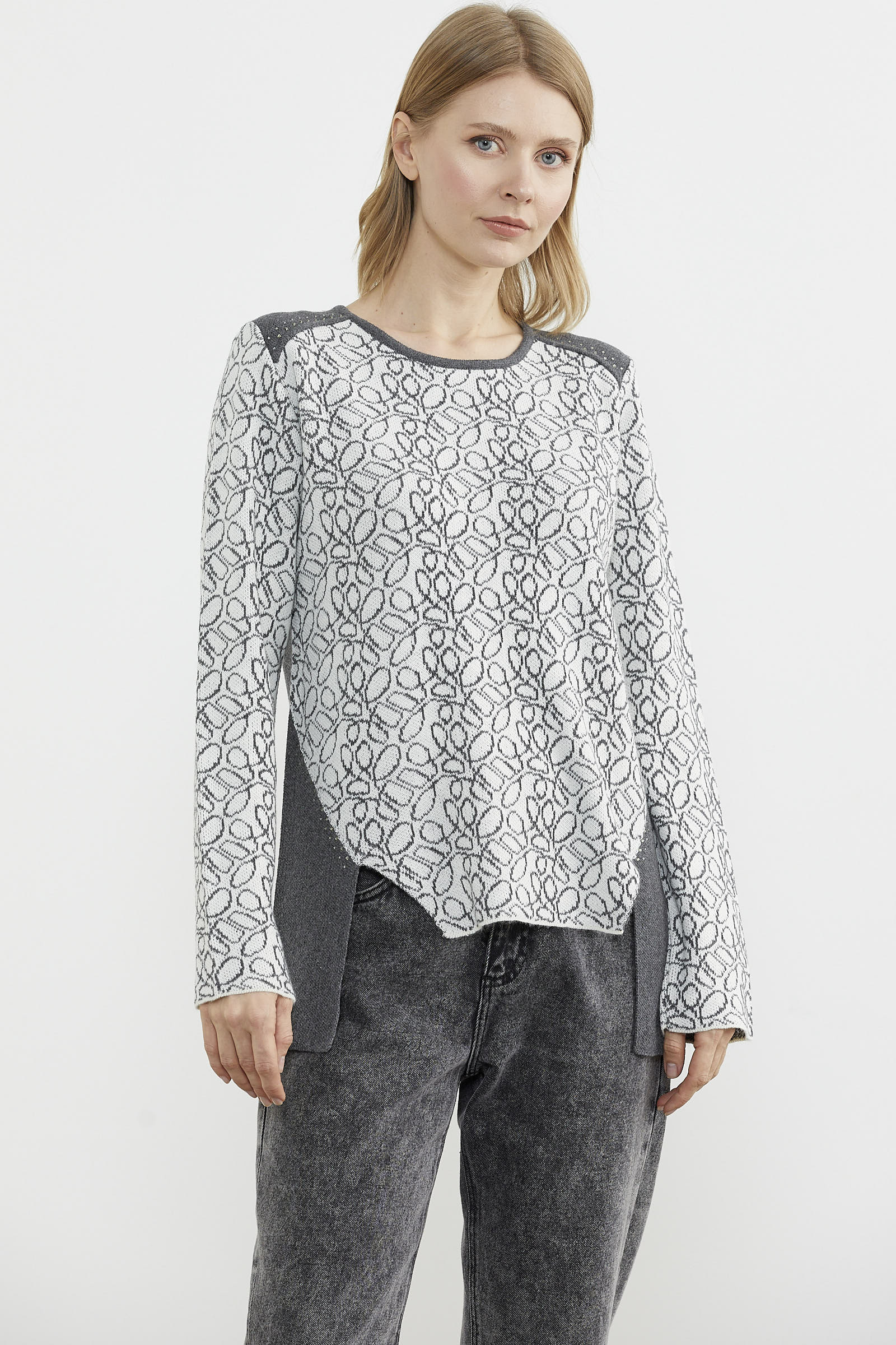 Çiçek Desenli Arkası Uzun Triko Kazak - Koyu Gri (1) Sementa