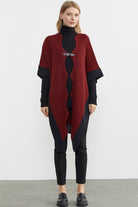 Çift Renk Aksesuarlı Triko Panço - Bordo (1) Sementa