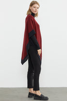 Çift Renk Aksesuarlı Triko Panço - Bordo (4) Sementa