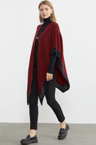 Çift Renk Aksesuarlı Triko Panço - Bordo (3) Sementa