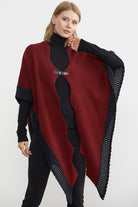 Çift Renk Aksesuarlı Triko Panço - Bordo (2) Sementa