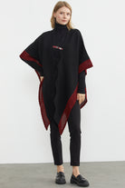 Çift Renk Aksesuarlı Triko Panço - Siyah (1) Sementa