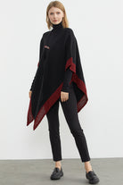 Çift Renk Aksesuarlı Triko Panço - Siyah (2) Sementa