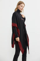 Çift Renk Aksesuarlı Triko Panço - Siyah (4) Sementa