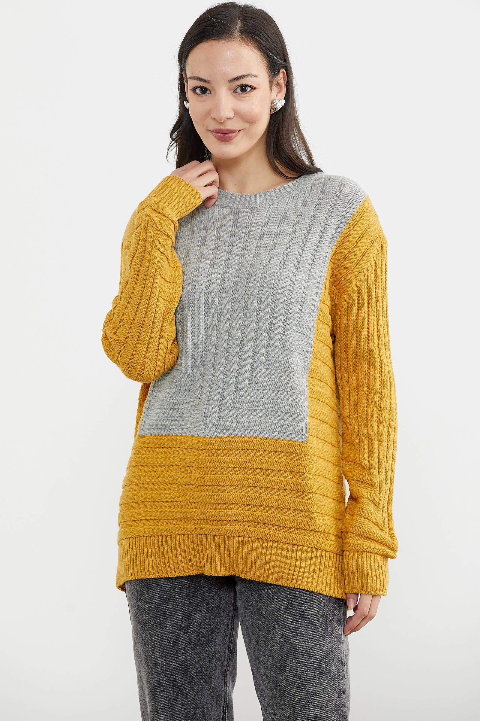 Çift Renk Kalın Fitilli Triko Kazak - Güneş - Gri (1) Sementa