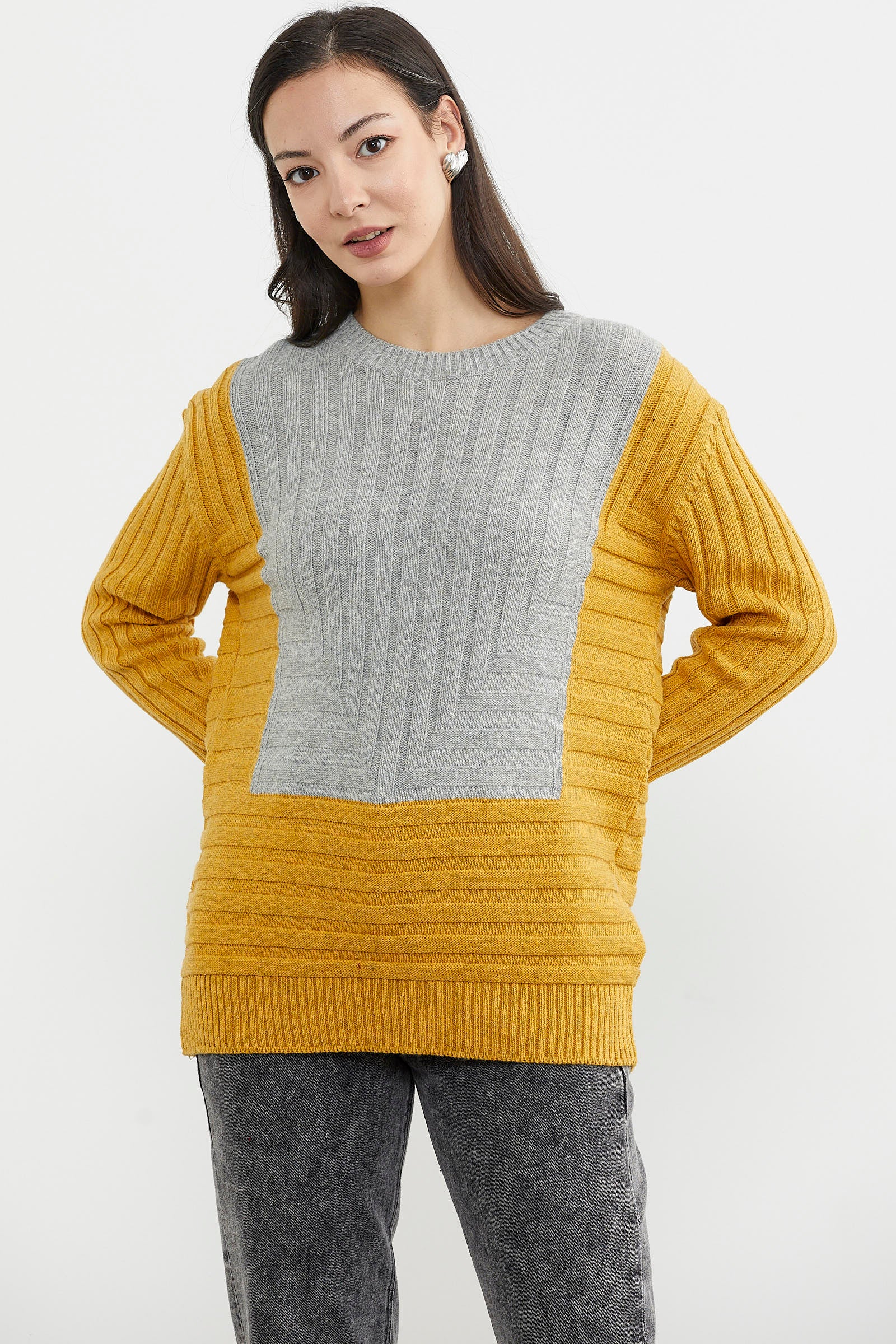 Çift Renk Kalın Fitilli Triko Kazak - Güneş - Gri (3) Sementa