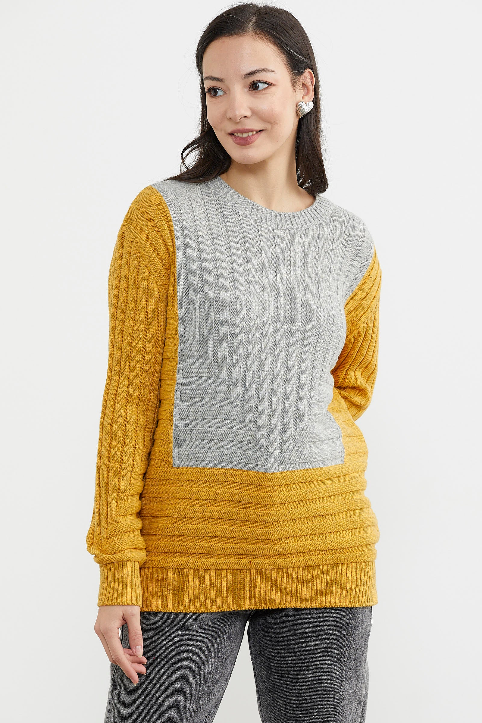 Çift Renk Kalın Fitilli Triko Kazak - Güneş - Gri (4) Sementa