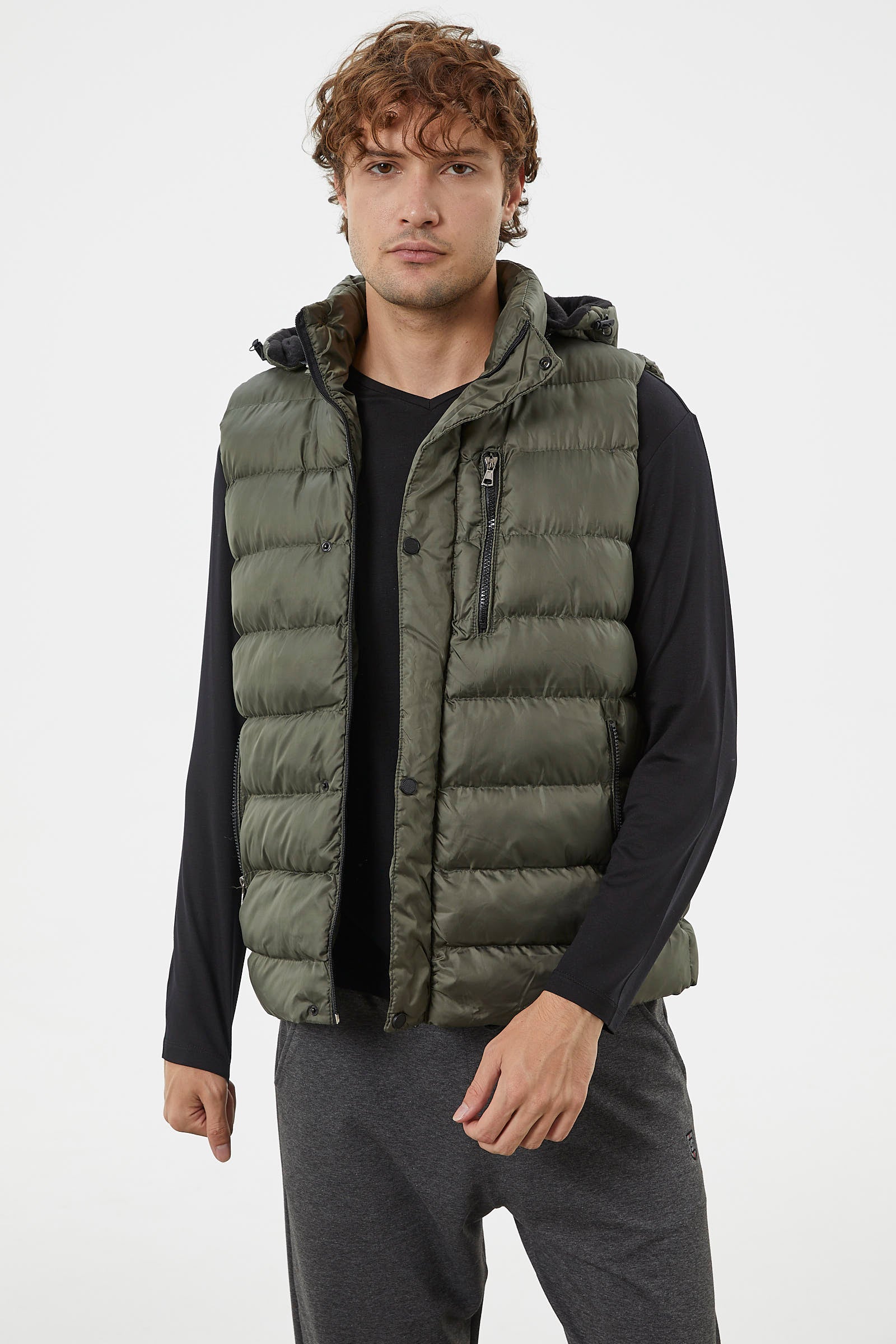 Çıkma Kapüşonlu Fermuarlı Şişme Yelek - Haki (2) Sementa