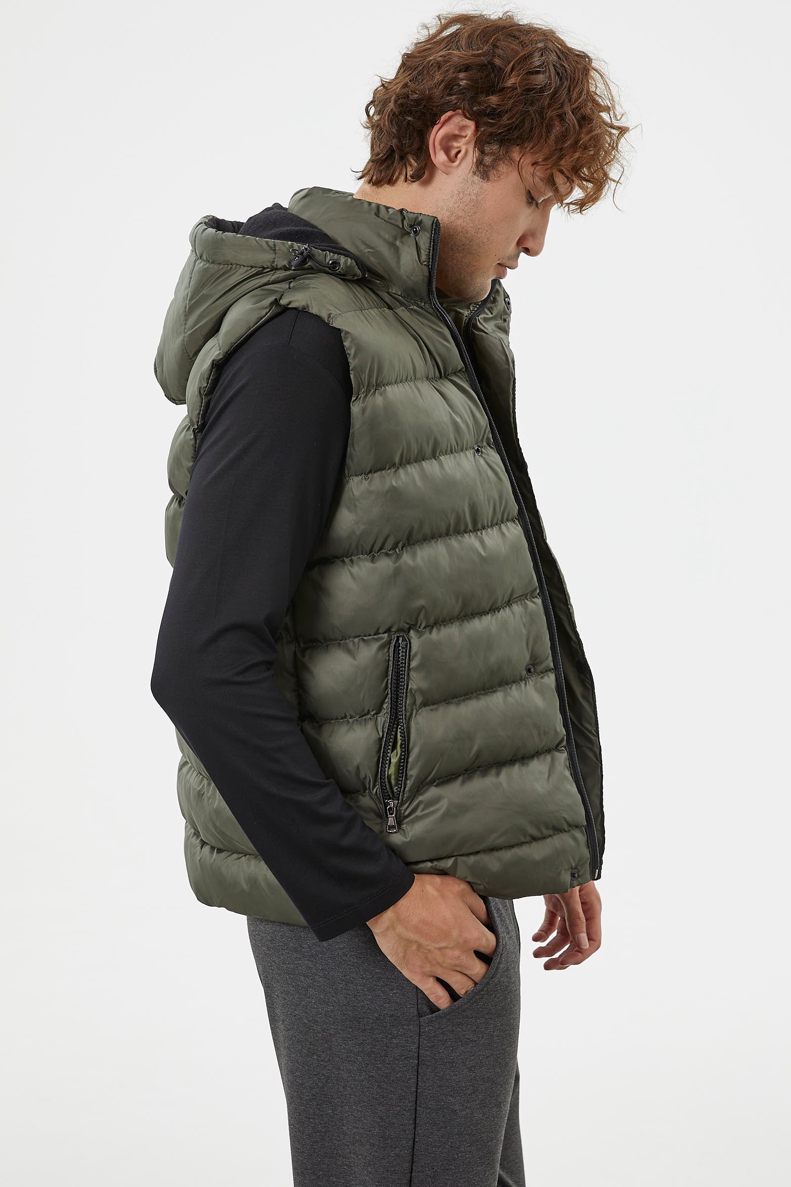 Çıkma Kapüşonlu Fermuarlı Şişme Yelek - Haki (6) Sementa