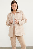 Çıt Çıtlı Gömlek Yaka Kapitone Mont - Taş (5) Sementa