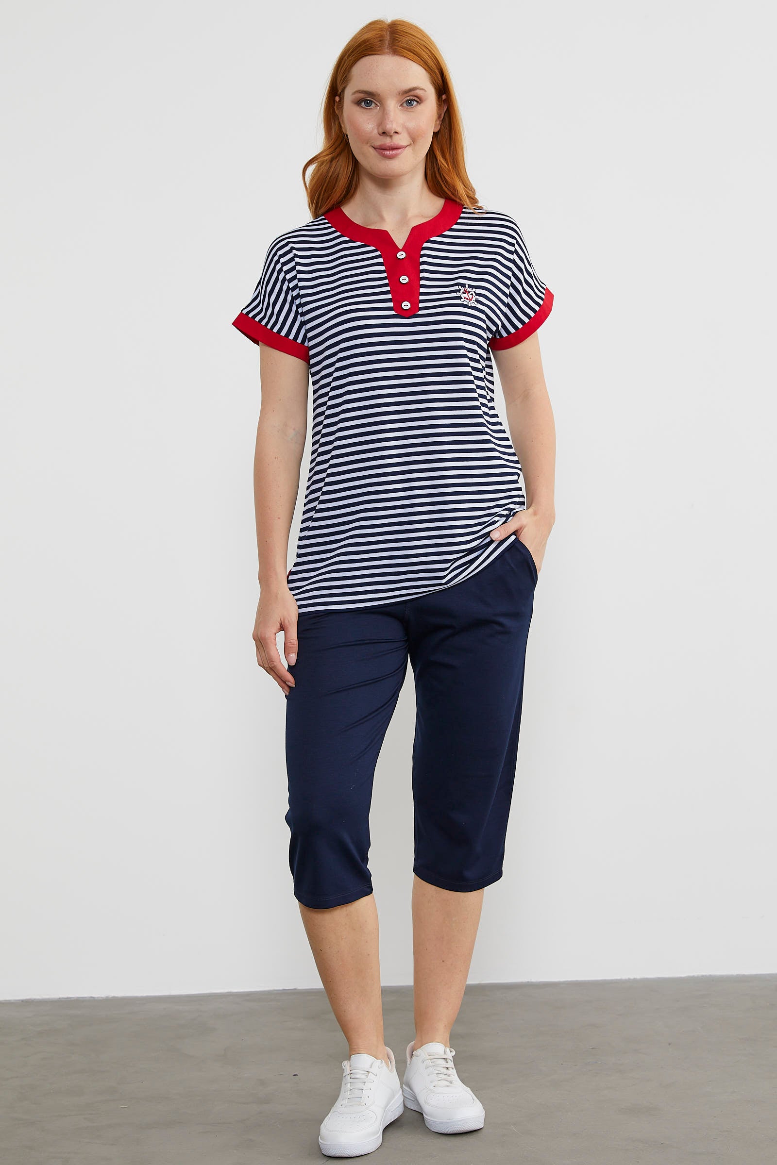 Çizgili Marine Renk Kombinli Kapri Takım - Lacivert (2) Sementa