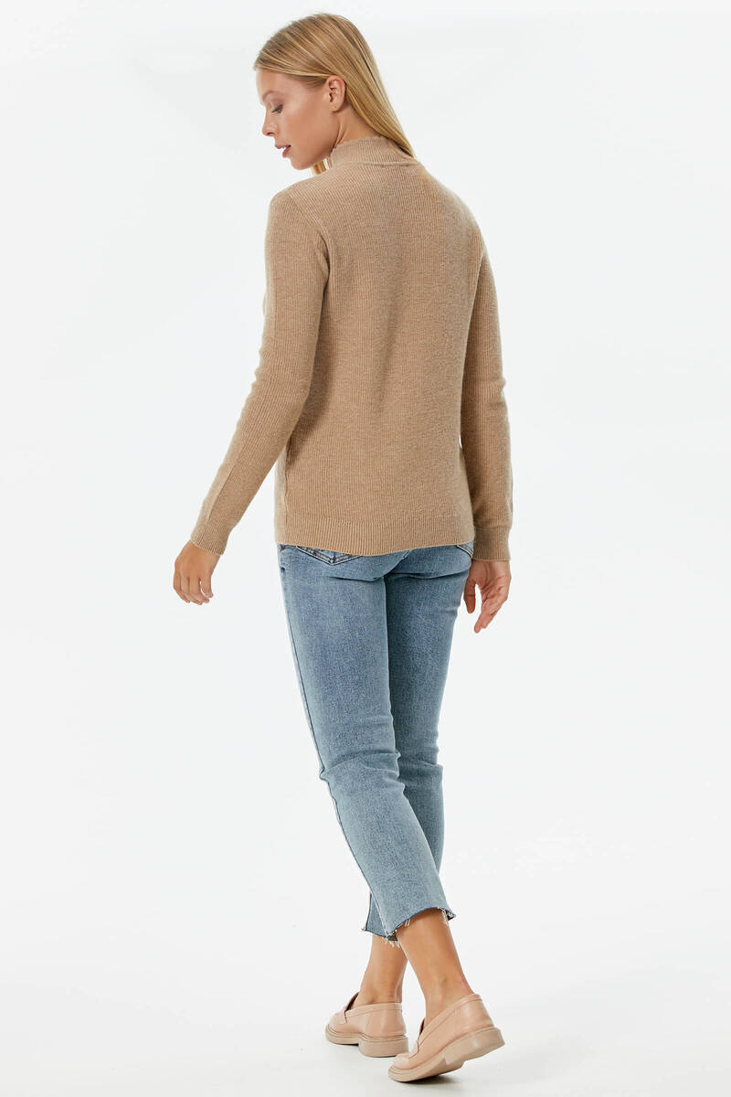 Damla Yaka İnci Detaylı Triko Kazak - Kamel (4) Sementa