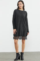 Dantel Detaylı Kısa Triko Elbise - Antrasit (1) Sementa