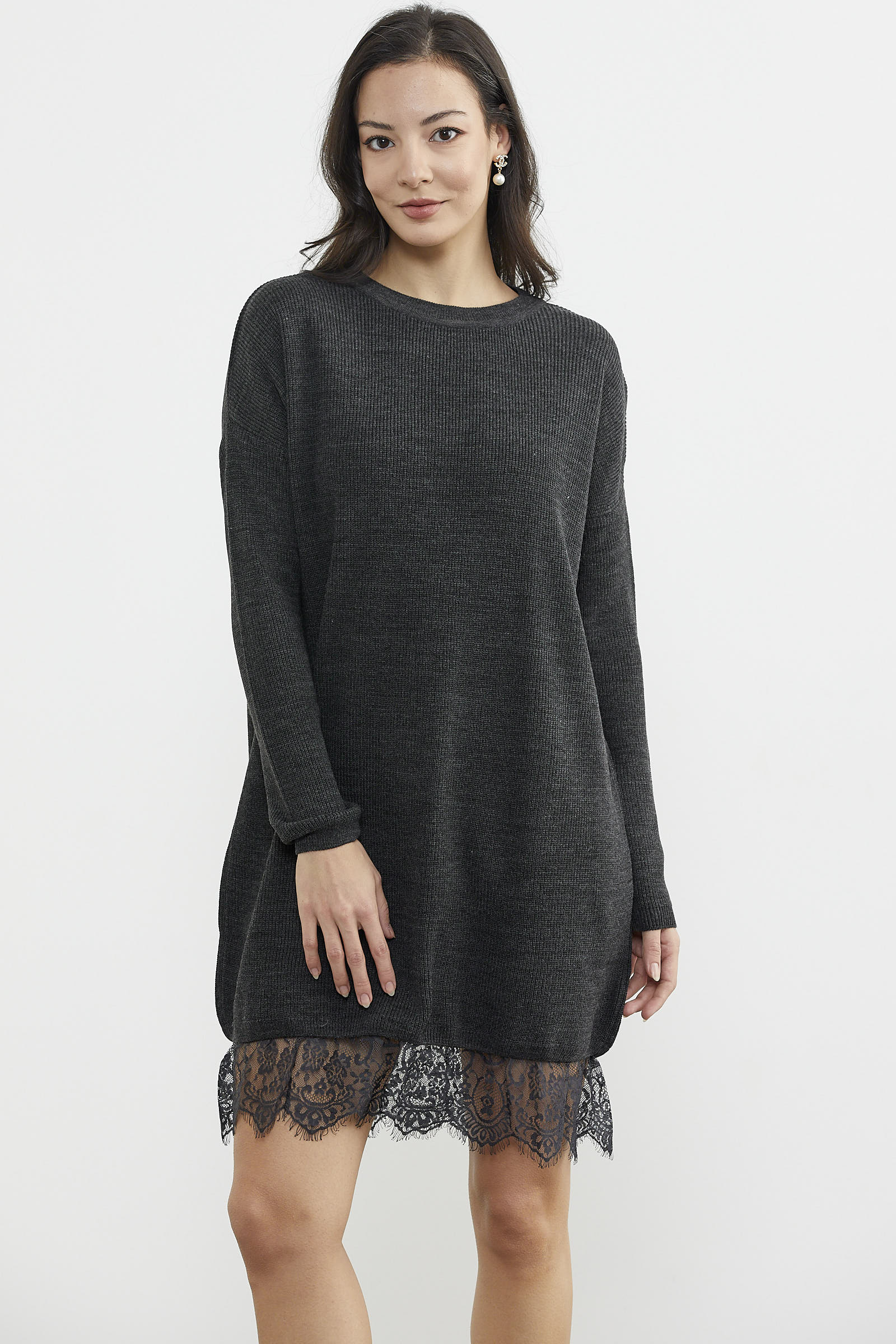 Dantel Detaylı Kısa Triko Elbise - Antrasit (3) Sementa