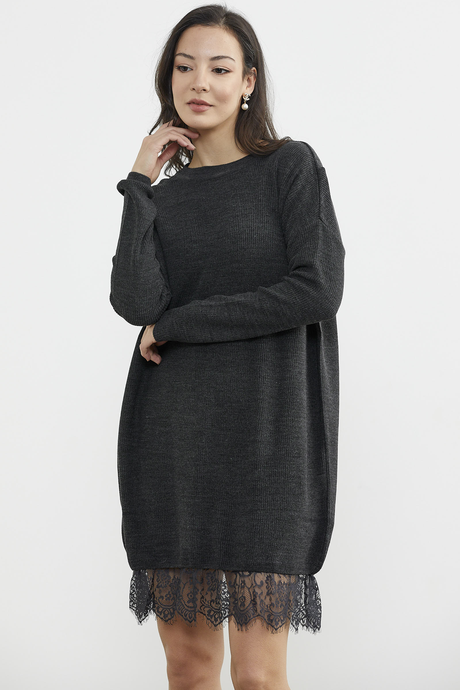 Dantel Detaylı Kısa Triko Elbise - Antrasit (4) Sementa