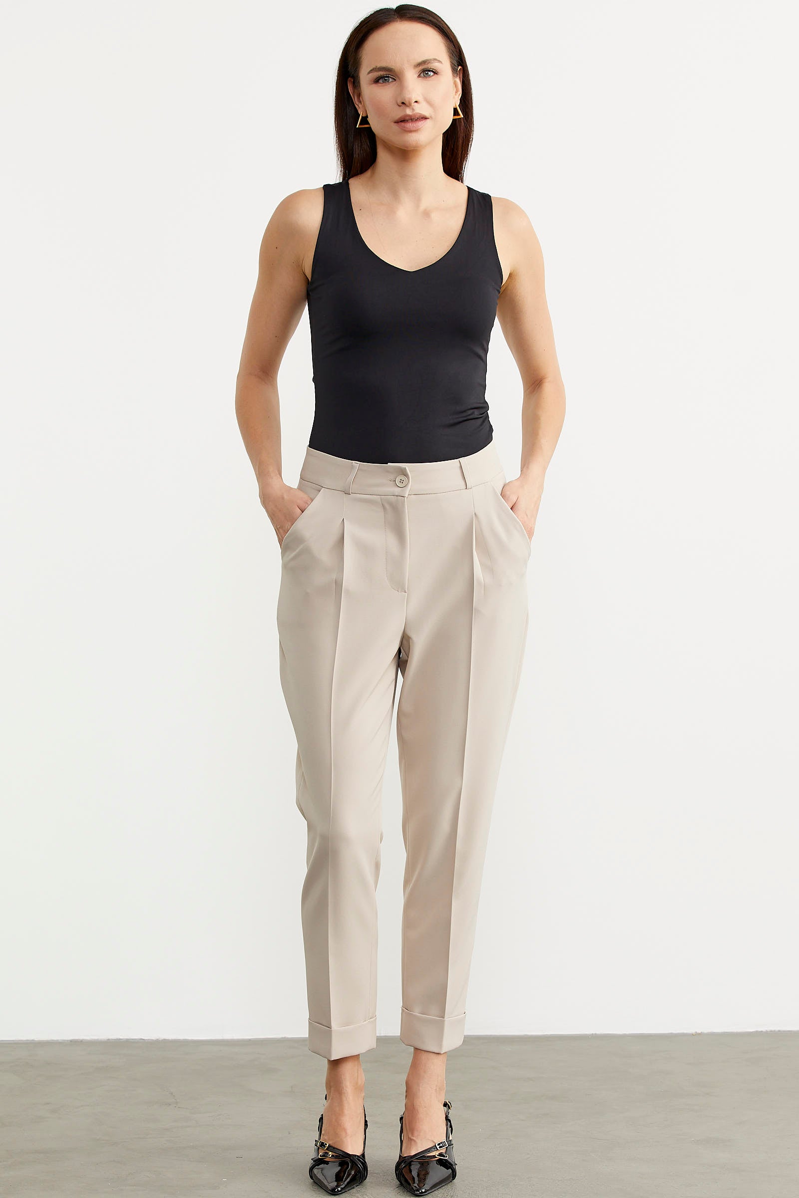 Dar Duble Paça Mevsimlik Kumaş Pantolon - Taş (2) Sementa