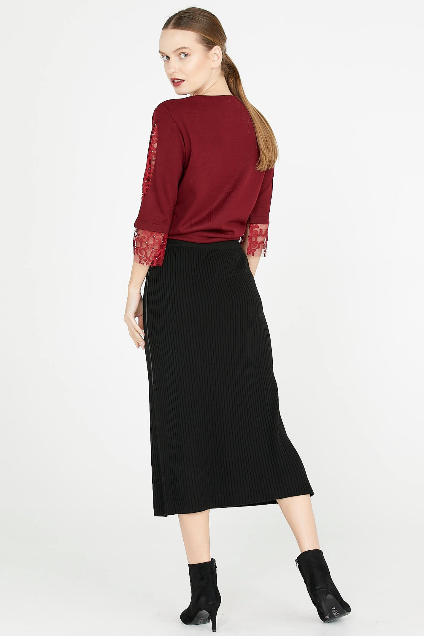 Deri Detaylı Midi Boy Triko Etek - Siyah (4) Sementa