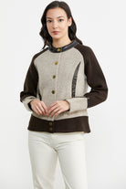 Deri Kombinli Yünlü Triko Ceket - Vizon - Kahverengi (2) Sementa