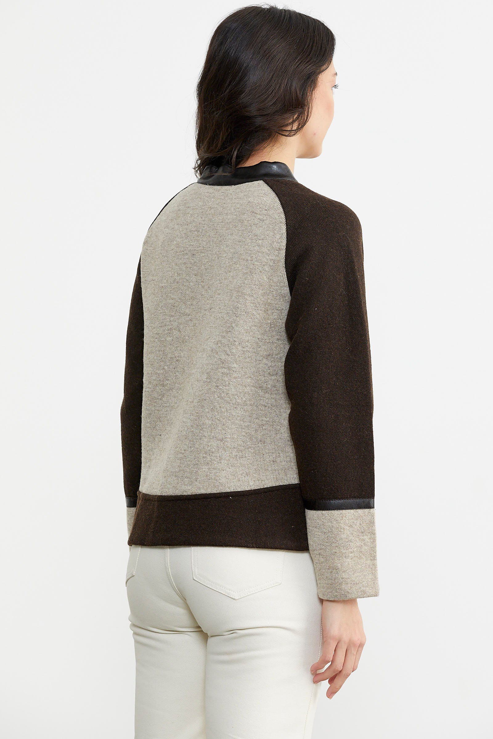 Deri Kombinli Yünlü Triko Ceket - Vizon - Kahverengi (4) Sementa